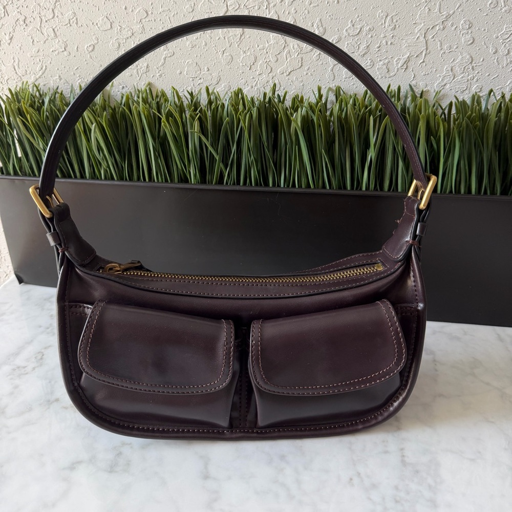 Zara Dark Brown Leather Shoulder Bag with Dual Front Pockets